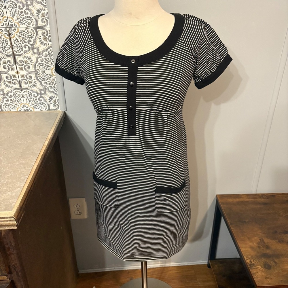Ann Taylor Loft Black White Scoop Neck Striped Henley Dress (Women's XS)
